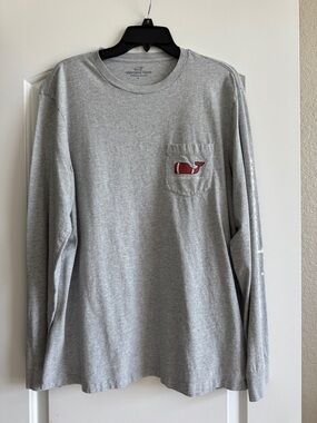 Vineyard Vines Heather Gray Long-Sleeve Pocket Tee with Football Whale